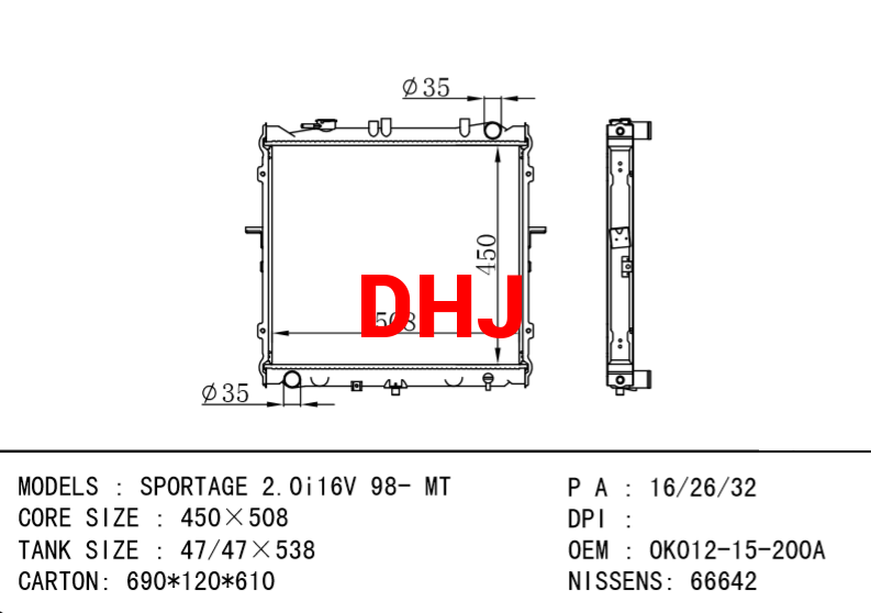 KIA radiator OK022-15-200A SPORTAGE 2.0i16V 98- AT