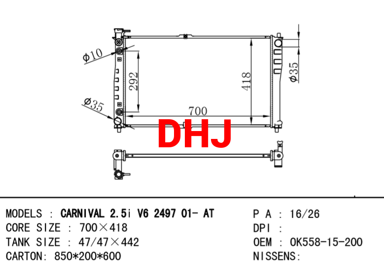 KIA radiator OK558-15-200 CARNIVAL I(UP)CARNIVAL II (GQ)  2.5I V6 2497 01-AT