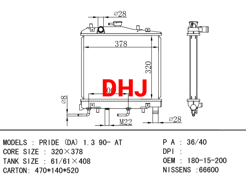 KIA radiator 180-15-200 PRIDE (DA) 1.3 90- AT