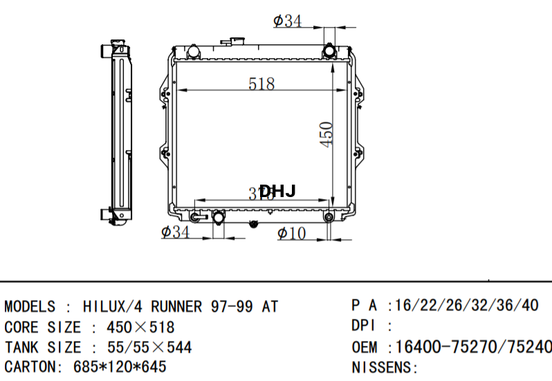 Toyota HILUX RUNNER radiator 16400-75270 16400-75240 16400-75230