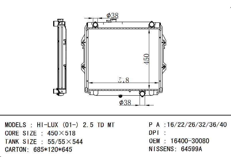 TOYOTA Pickup radiator for HI-LUX (01-) 2.5 TD MT 16400-30080  NISSENS: 64599A