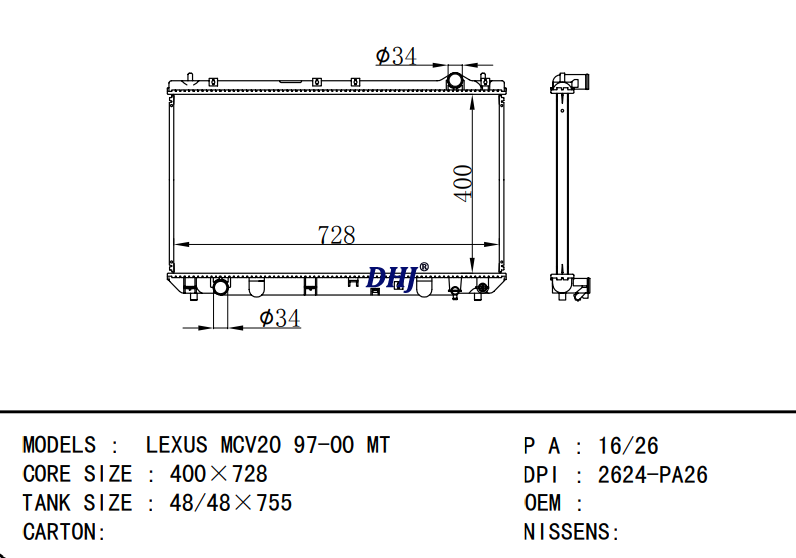 DPI:2624-PA26 TOYOTA LEXUS MCV20 97-00 MT radiator