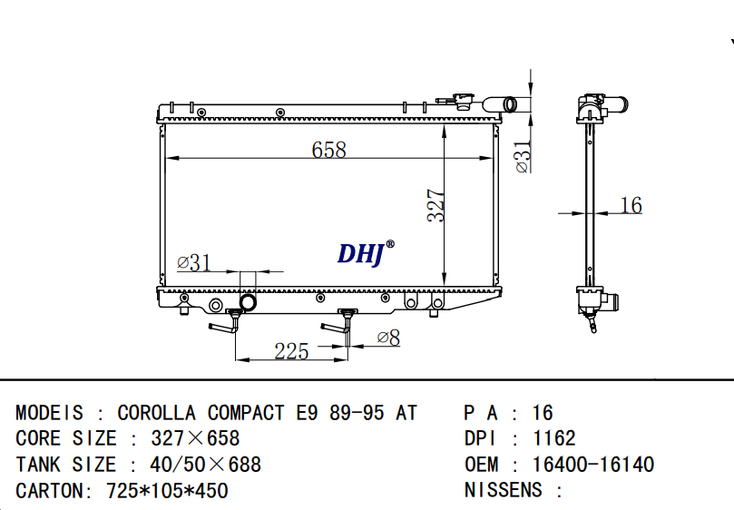 DPI 1162 OEM 16400-16140 TOYOTA COROLLA COMPACT E9 89-95 AT radiator