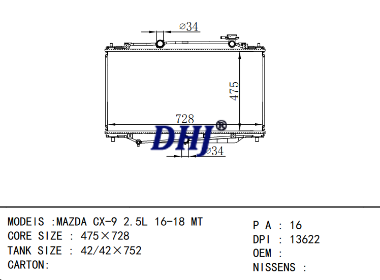 DPI:13622 MAZDA CX-9 2.5L 16-18 MT car radiator