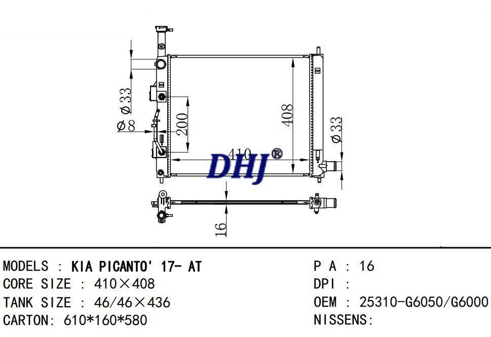 25310-G6050/25310-G6000,radiator for KIA PICANTO' 17- AT