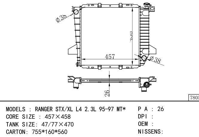  Car Radiator for FORD RANGER STX/XL L4 2.3L
