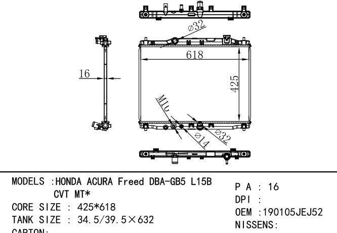 190105JEJ52 Car Radiator for  HONDA HONDA ACURA Freed DBA-GB5 L15B CVT MT