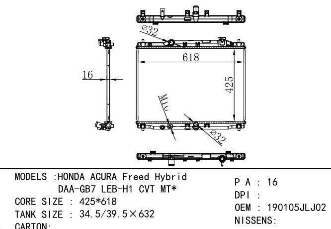 190105JLJ02 Car Radiator for  HONDA HONDA ACURA Freed Hybrid /DAA-GB7 LEB-H1 CVT MT