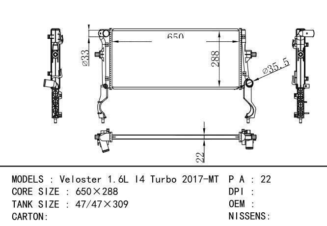  Car Radiator for Hyundai  Veloster 1.6L I4 Turbo 2017-MT