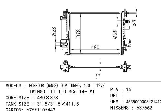 4535000003/214105514R Car Radiator for RENAULT FORFOUR(W453) 0.9 TURBO、1.0 I 12V/TWINGO III 1.0 SCE 14- MT