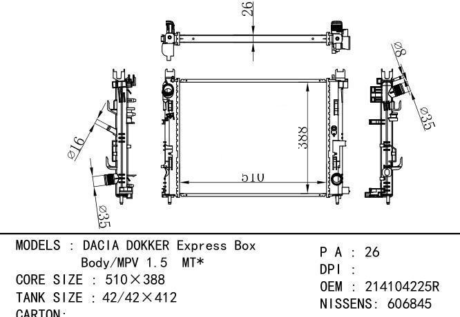 214104225R Car Radiator for RENAULT DACIA DOKKER Express Box Body/MPV 1.5 MT*