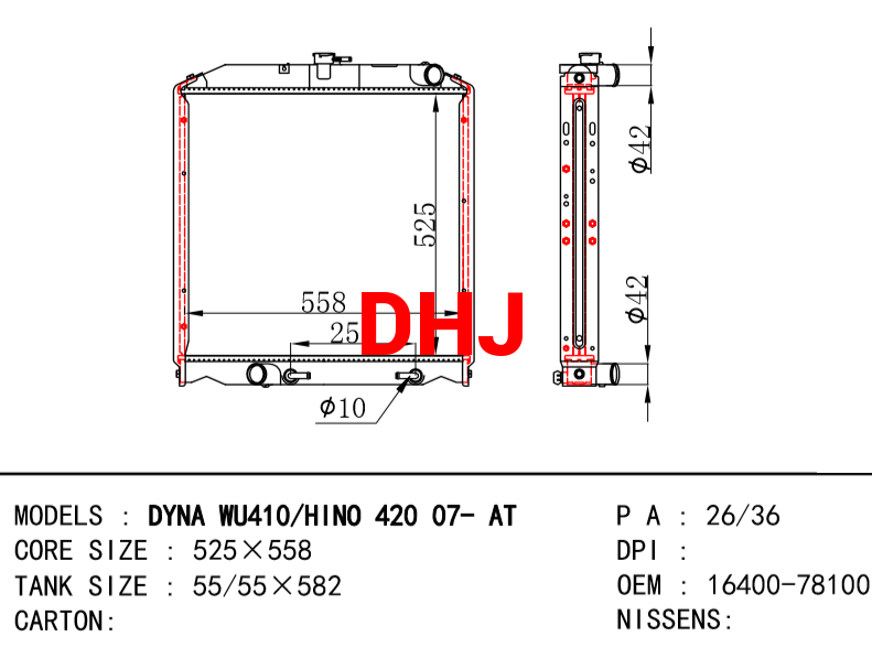 TOYOTA DYNA RADIATOR OEM:160-78100 DYNA WU410/HINO 420 07-AT