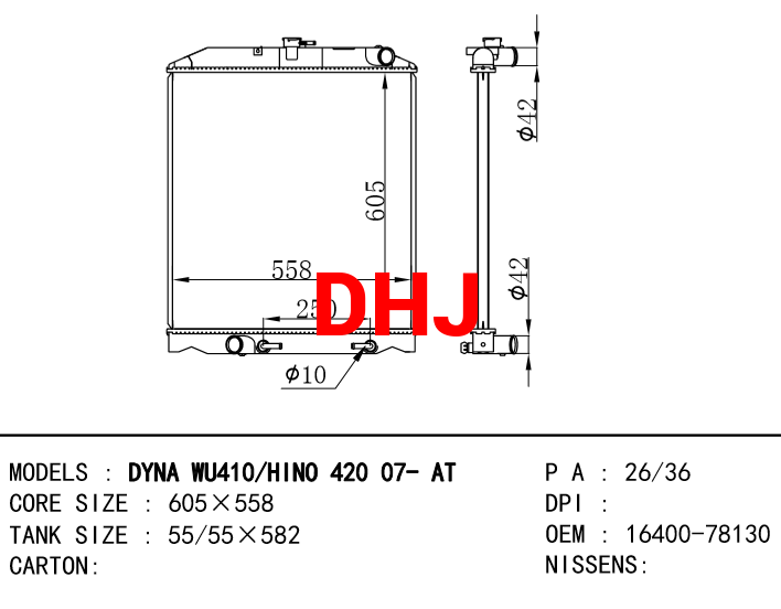 TOYOTA DYNA RADIATOR OEM:16400-78130 DYNA WU410/HINO 420 07 -AT