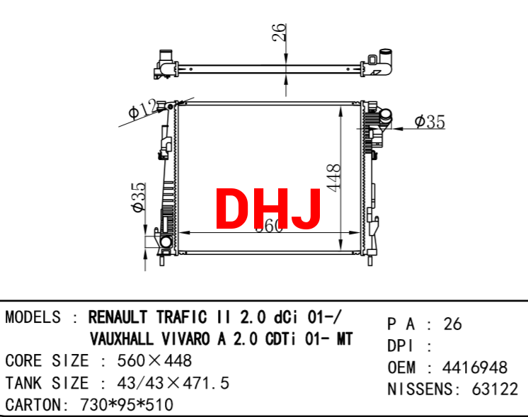 RENAULT TRAFIC radiator OEM:4416948 NISSENS: 6312