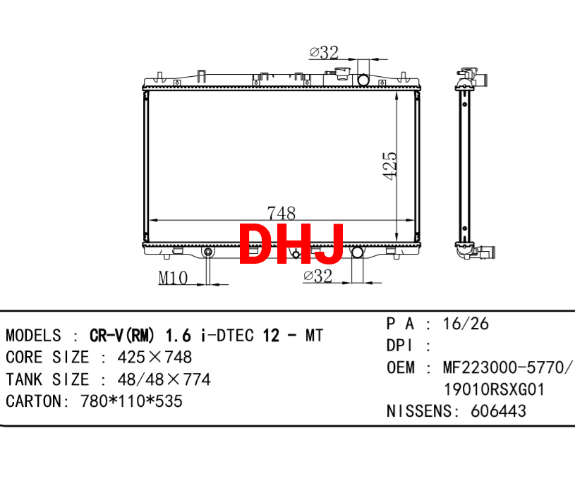 HONDA CR-V RADIATOR OEM:MF223000-5770/ 19010RSXG01 NISSENS: 606443