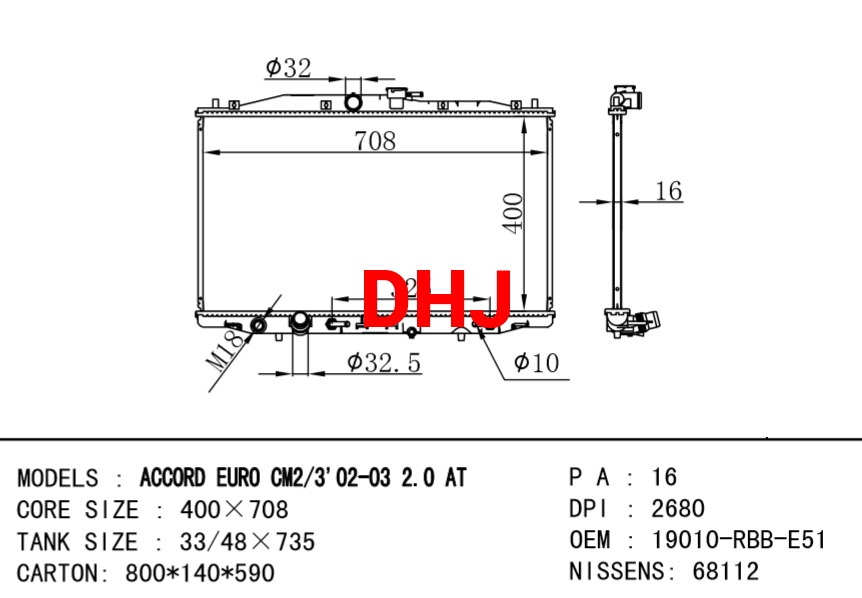 HONDA Radiator 19010-PMA-E51 19010-RBB-E01 19010-RBB-E51 Accord EURO CM2/3' 02-03