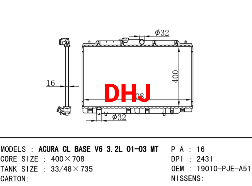 HONDA Radiator 19010-PJE-A51 Acura CL BASE Radiator V6 3.2L 01-03MT