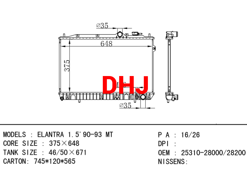 HYUNDAI Radiator 25310-28000 25310-28200 ELANTRA 1.5'90-93 MT