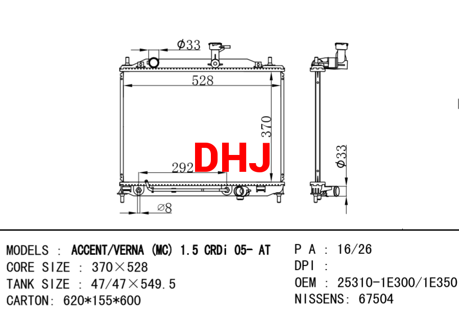 HYUNDAI Radiator 253101E301 25310-1E350 DODGE 25310-1E300 ACCENT II Saloon (LC) 1.5 CRDi