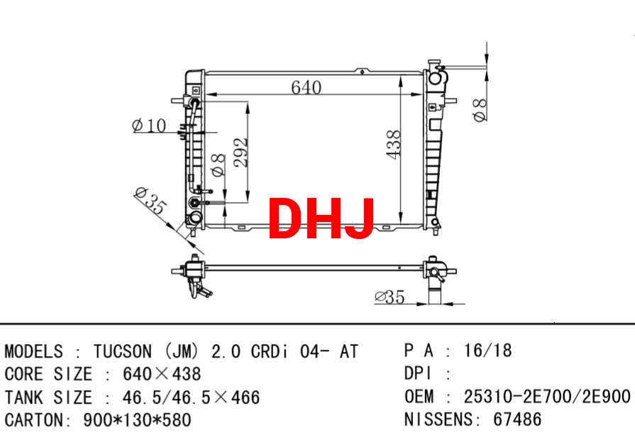 HYUNDAI Radiator 25310-2E700/25310-2E900 KIA 25310-2E500 TUCSON (JM) 2.0 CRDi 04-