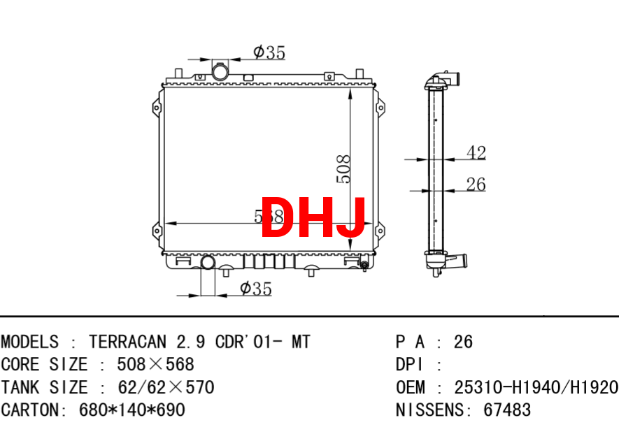 HYUNDAI Radiator 25310-H1940 25310-H1920 TERRACAN 2.9 CDR'01- MT