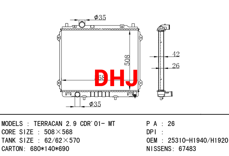 HYUNDAI Radiator 25310-H1940 25310-H1920 TERRACAN 2.9 CDR'01- MT