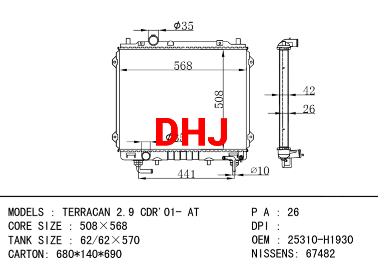 HYUNDAI Radiator 25310-H1930 25310-H1910 TERRACAN 2.9 CDR'01- AT