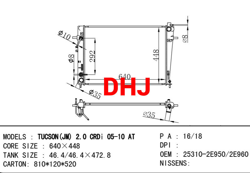 HYUNDAI Radiator 25310-2E950 25310-2E960 TUCSON (JM) KIA AT MT