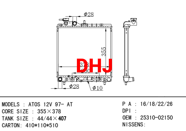 HYUNDAI Radiator 25310-02150  ATOS 12V 97- AT