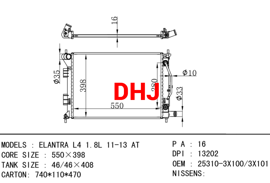 HYUNDAI Radiator 25310-3X100/3X101 ELANTRA L4 1.8L 11-13 AT