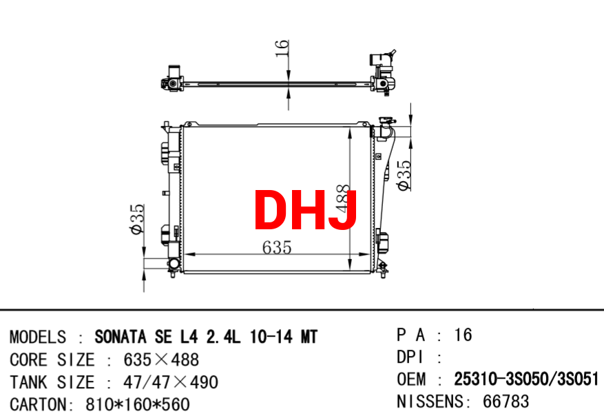 HYUNDAI Radiator 25310-3S051 25310-3S050 25310-3S001 25310-3S000 OPTIMA 2.0 CVVL SONATA VI (YF) 2.4