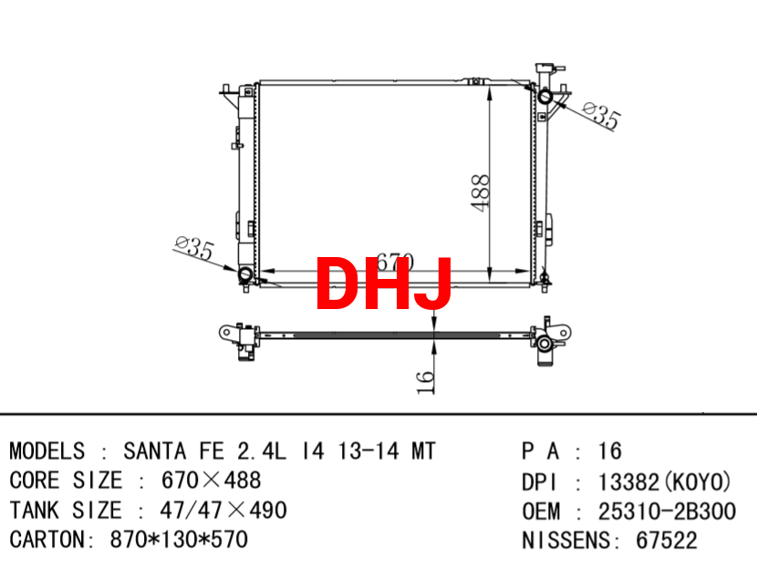 HYUNDAI Radiator 25310-2B380 25310-1U100 25310-2B300 SANTA FE 2.4L I4 13-14 MT