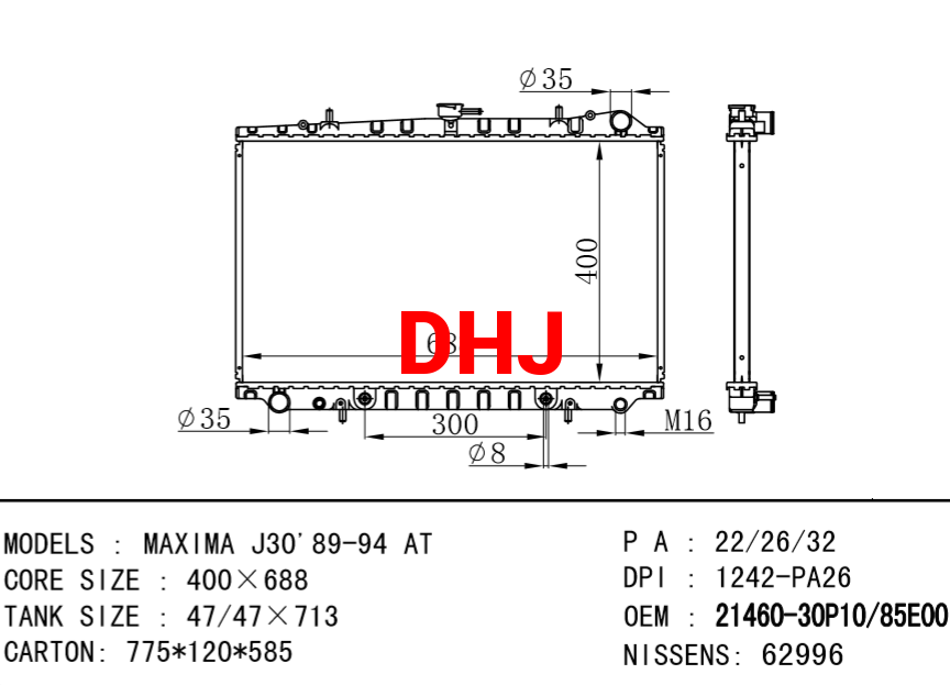 NISSAN radiator 21460-30p10 21460-85E00 MAXIMA J30'89-94 AT MT