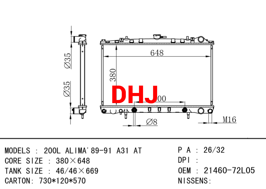 NISSAN radiator 21460-72L05 200L ALIMA'89-91 A31 AT