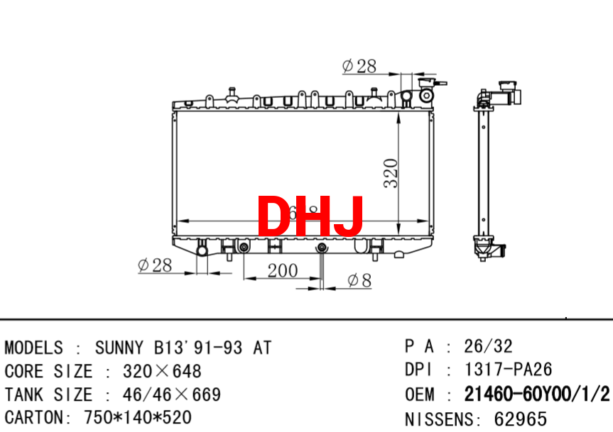 NISSAN radiator 21460-60Y00 21460-60Y01 21460-60Y02 62965 SUNNY B13'91-93 AT