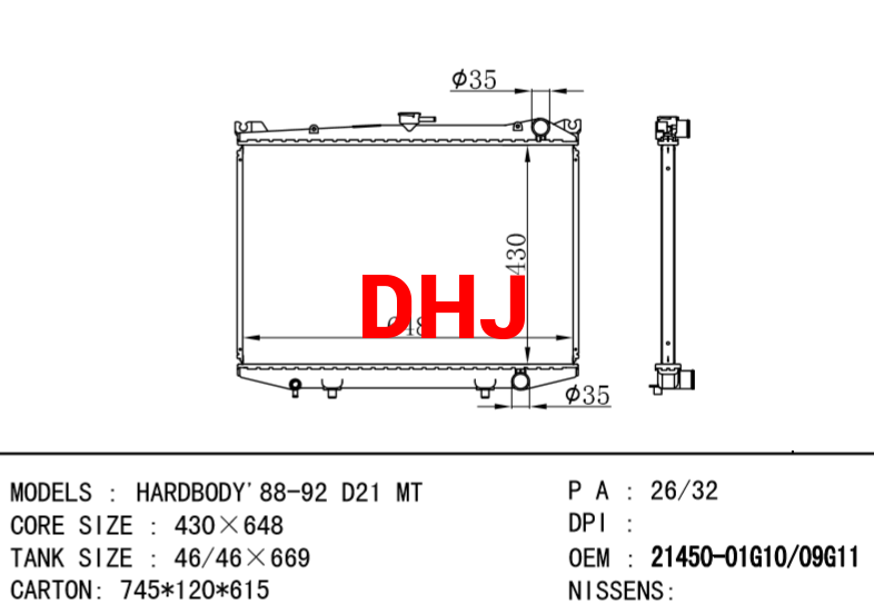 NISSAN radiator 21450-01g10 21450-09g11 HARDBODY'88-92 D21 MT