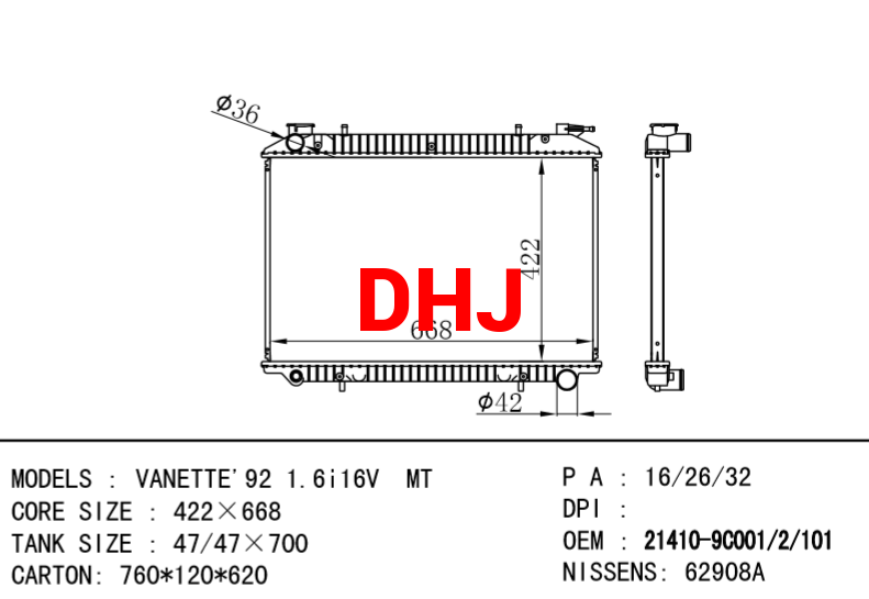 NISSAN radiator 21410-9C001 21410-9C002 21410-9C101 VANETTE'92 1.6i16V  MT