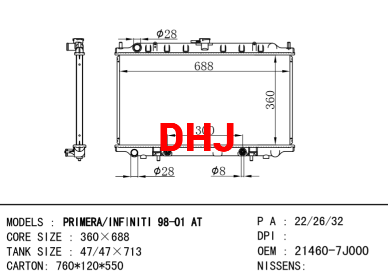 NISSAN radiator 21460-7J000 PRIMERA/INFINITI 98-01 AT