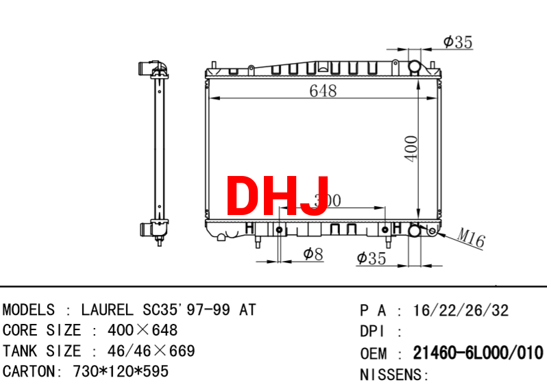 NISSAN radiator 21460-6L000 21460-6L010 LAUREL SC35'97-99 AT