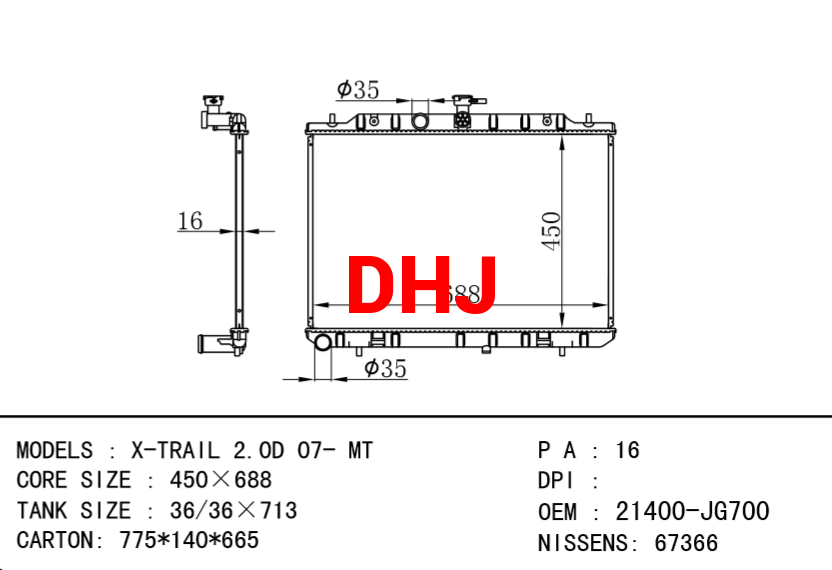 NISSAN radiator 21400-JG80A 21400-JG700 X-TRAIL 2.0D 07- MT
