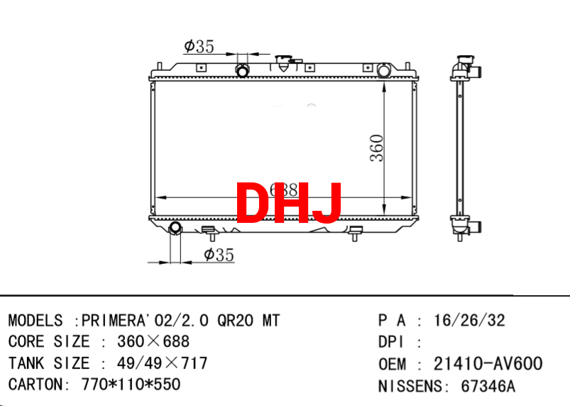 NISSAN radiator 21410-AV600 21460-AV700 67346A PRIMERA'02/2.0 QR20 MT