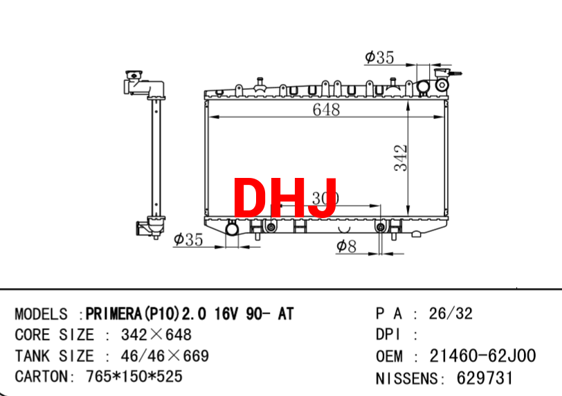 NISSAN radiator 21460-62J01 21460-62J00 primera (p10) 2.0 16v 90-AT