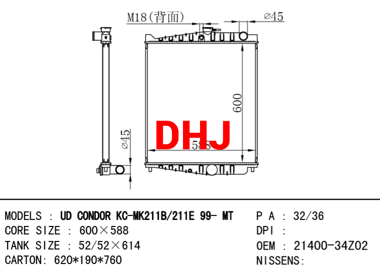 NISSAN radiator 21400-34Z02 UD CONDOR KC-MK211B/211E 99-MT