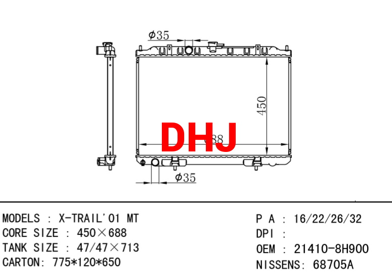 NISSAN radiator 21410-8H900 21410-EQ30A 68705A X-TRAIL'01 MT