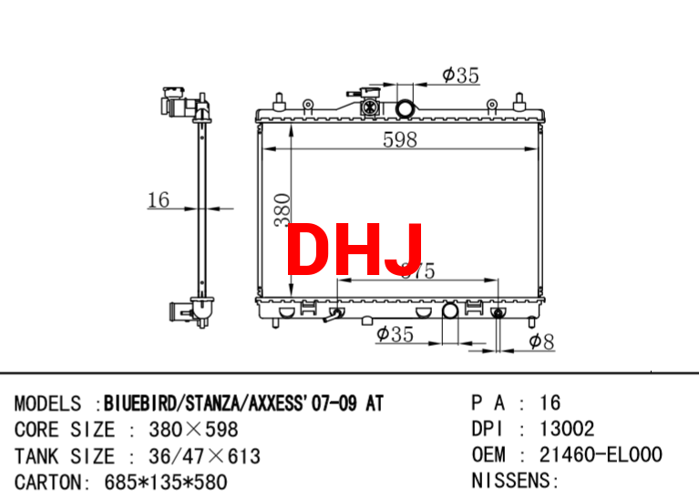 NISSAN radiator 21460-ED500 21460-EL000 1460-ZW40B 21460-ED100 1460-EL10B 1460-EL10A BIUEBIRD/STANZA/AXXESS'07-09 AT