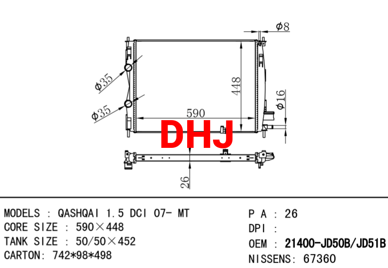 NISSAN radiator 21400-JD508 21400-JD518 QASHQAI 1.5 DCI 07- MT