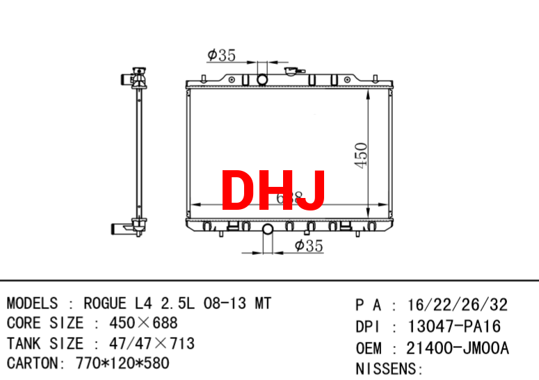 NISSAN radiator 21400-JM00A ROGUE L4 2.5L 08-13 MT