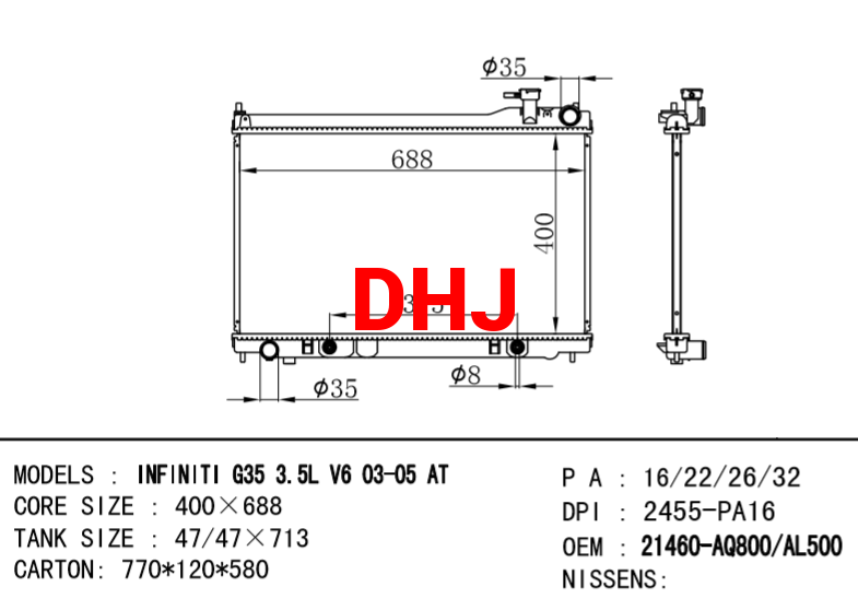 NISSAN radiator 21460-AQ800 21460-AL500 INFINITI G35 3.5L V6 2003 2004 MT/AT