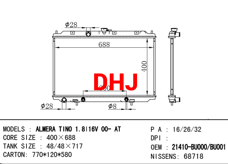 NISSAN radiator 21410-BV025 21410-BV000 21410-BU000/21410-BU001 ALMERA TINO (V10