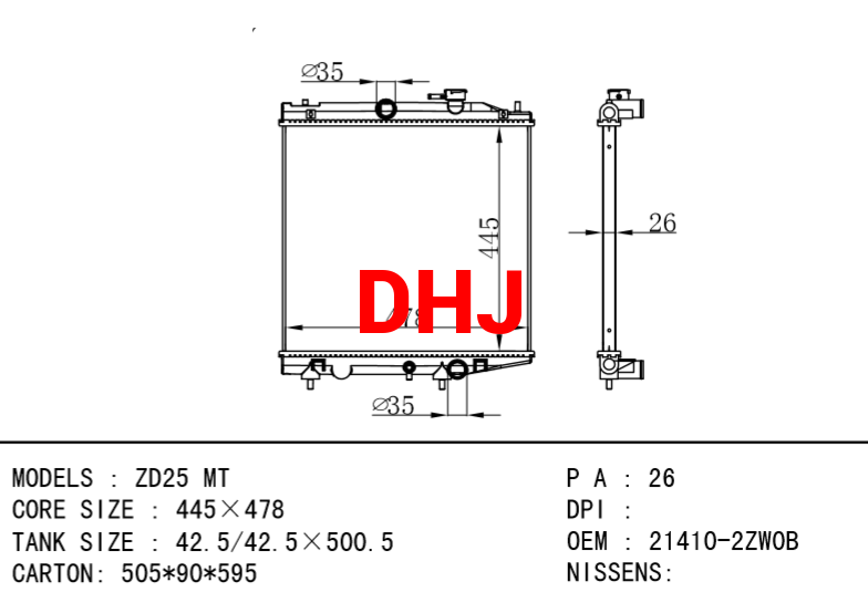 NISSAN radiator 21410-2ZW0B ZD25 MT